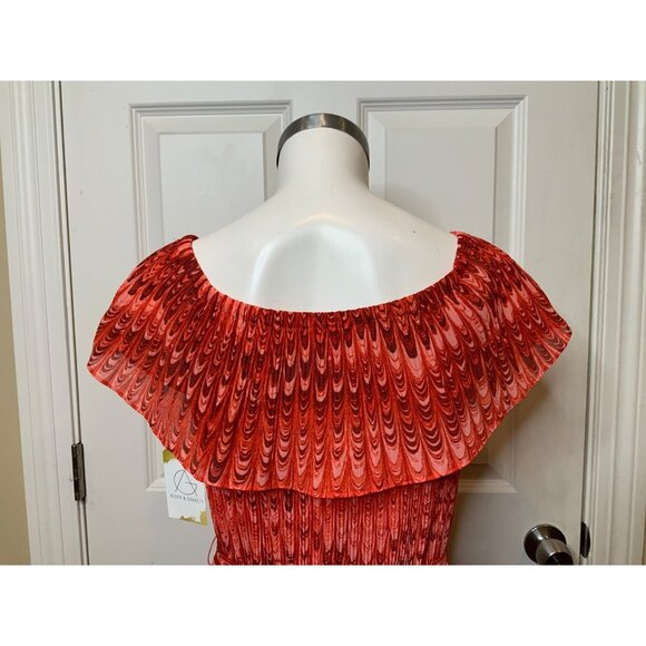 Michael Kors Red Marble Patterned Pleated Off-Shoulder Belted Dress, Size M NWT! - Picture 6 of 8